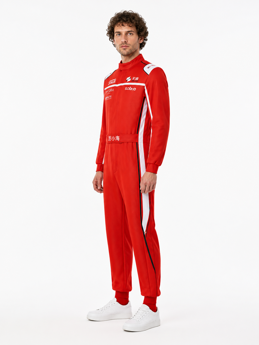 Red Racing Jumpsuit with White Stripes side view