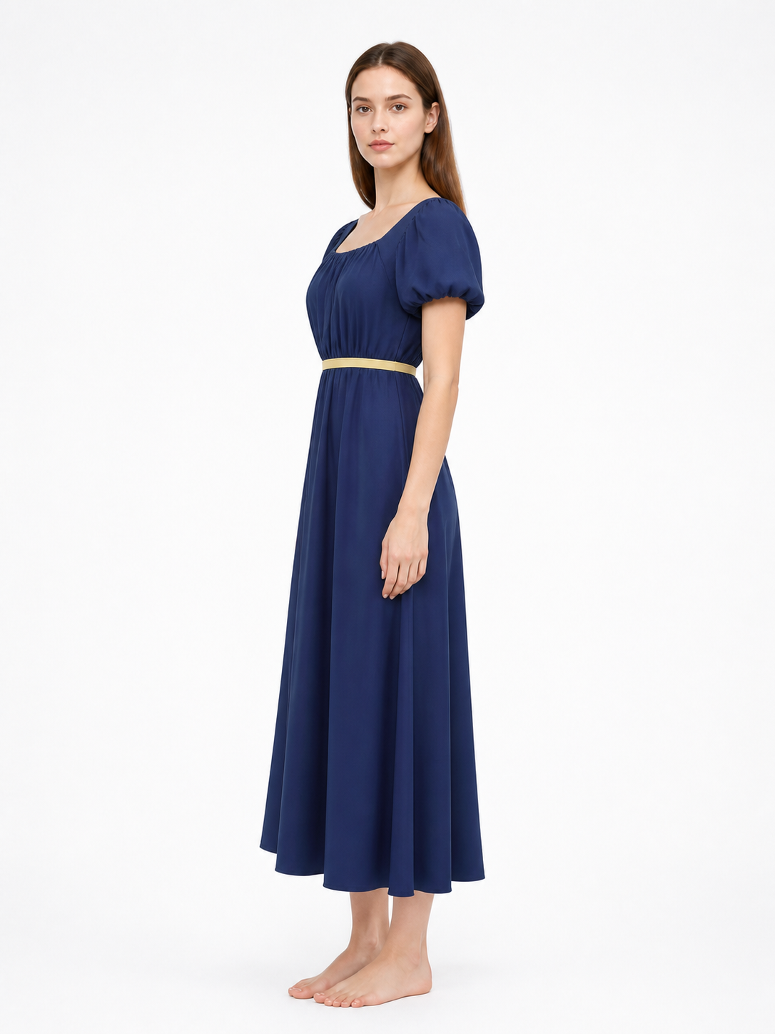 Long Blue Dress with Puff Sleeves and Ribbon side view