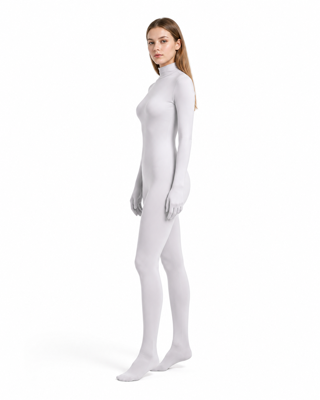 Zentai jumpsuit with enclosed hands and feet side view