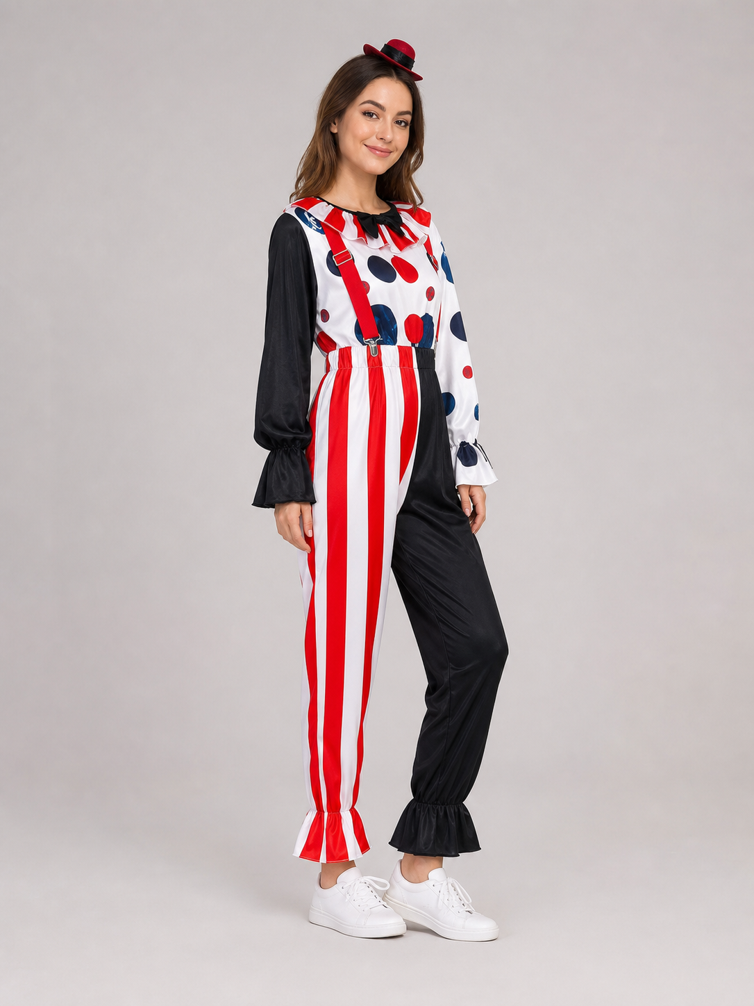 This colorful clown costume is designed for themed looks, cosplay, Halloween, costume parties, and stage performances. The set features an expressive theatrical style with a contrasting combination of white, black, and red, dark blue accent