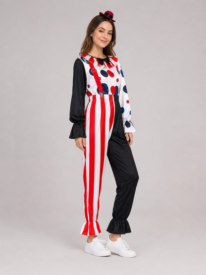 This colorful clown costume is designed for themed looks, cosplay, Halloween, costume parties, and stage performances. The set features an expressive theatrical style with a contrasting combination of white, black, and red, dark blue accent