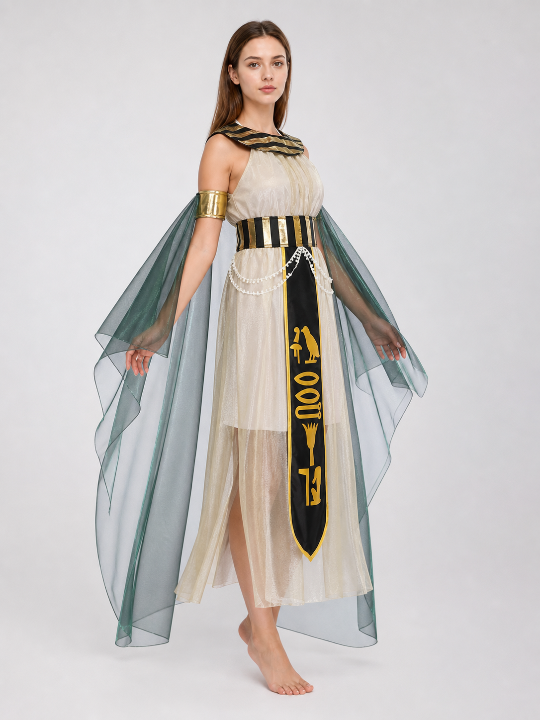 Women’s Egyptian Pharaoh Queen Halloween Cosplay Dress Set with Headpiece, Belt, Arm Accessories and Draped Sleeves for Stage Performance
