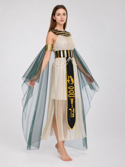 Women’s Egyptian Pharaoh Queen Halloween Cosplay Dress Set with Headpiece, Belt, Arm Accessories and Draped Sleeves for Stage Performance