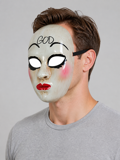 White glossy masquerade mask shown in side profile on a model, with a black elastic strap, outlined eye opening, pink cheek, and red lips