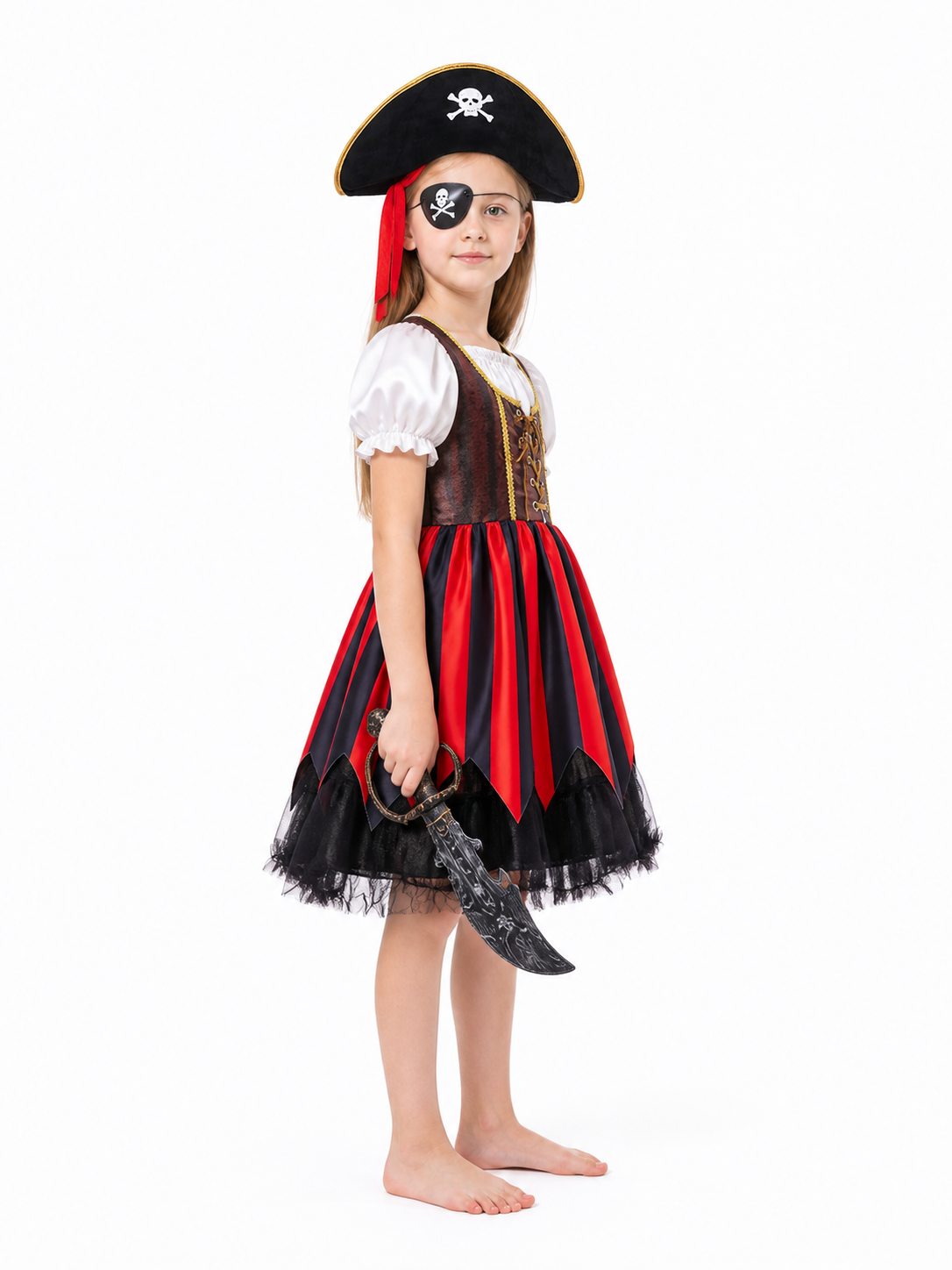 Pirate Costume with Striped Dress and Accessories side view