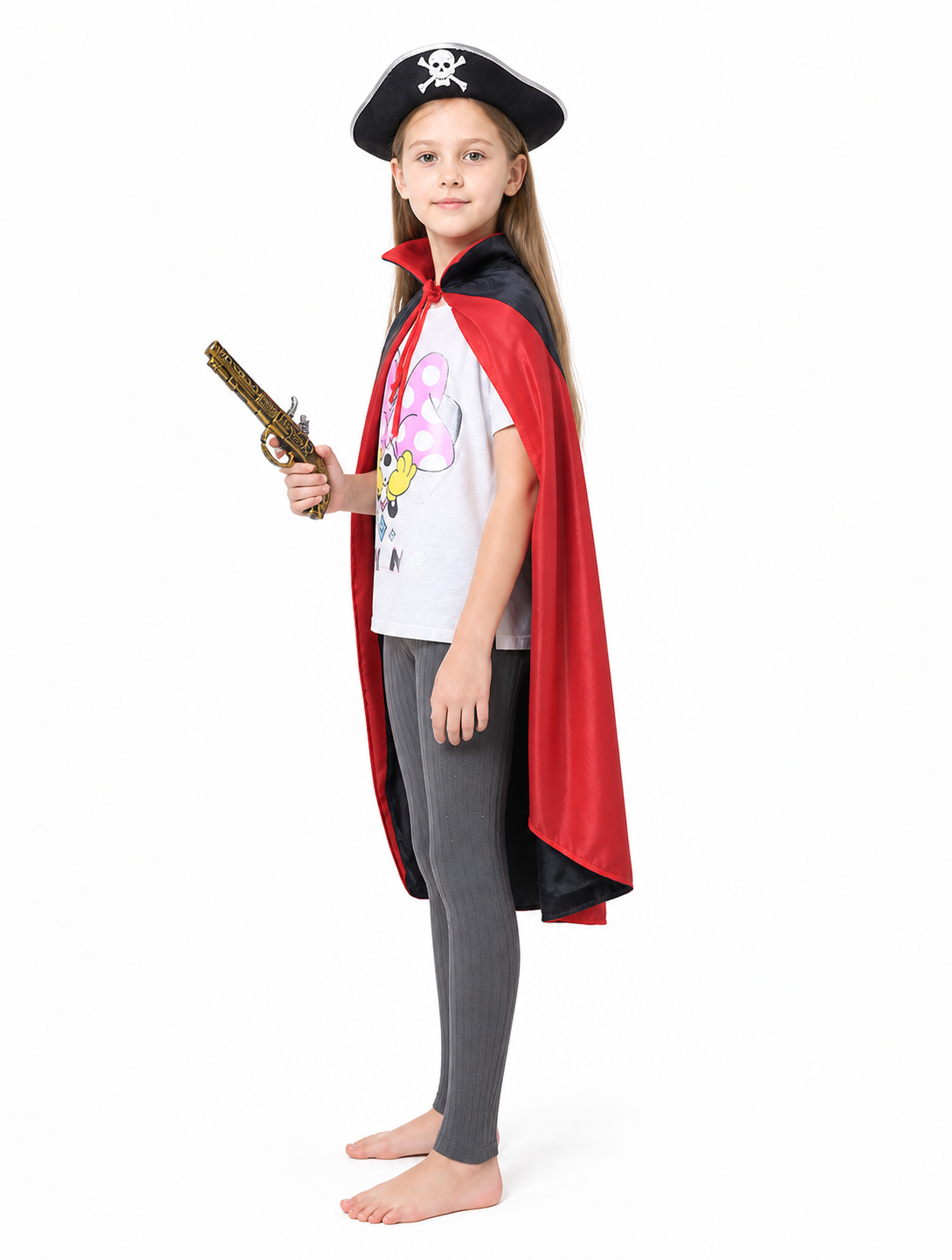 Pirate Costume with Cape, Hat, and Pistol side view