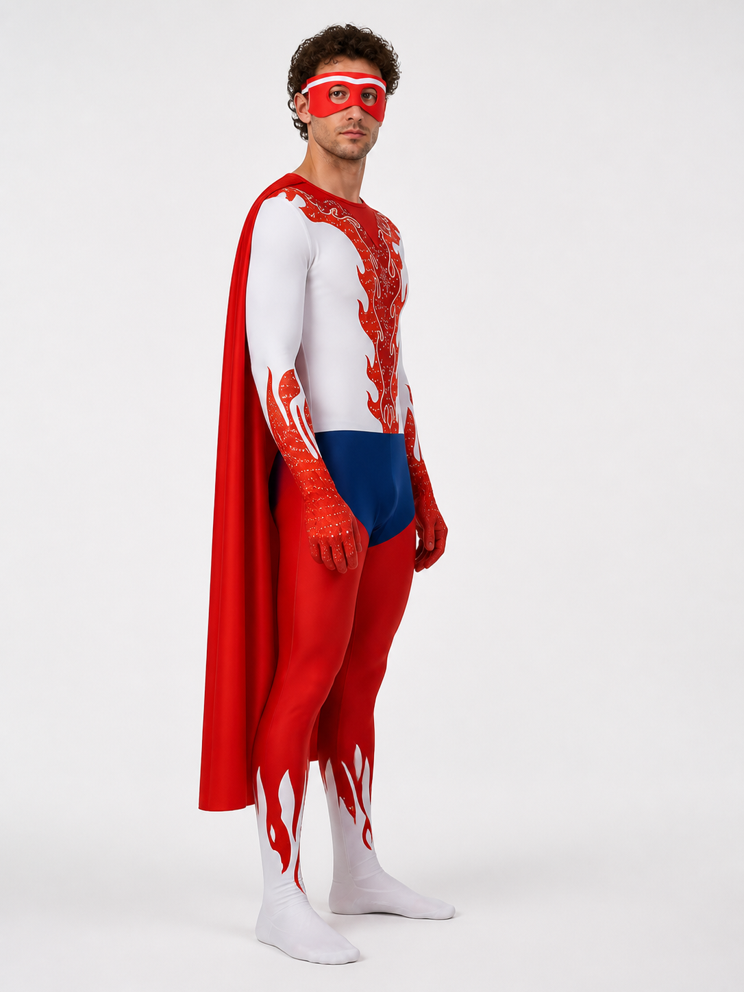 Cosplay Costume with Jumpsuit, Mask, and Cape side view