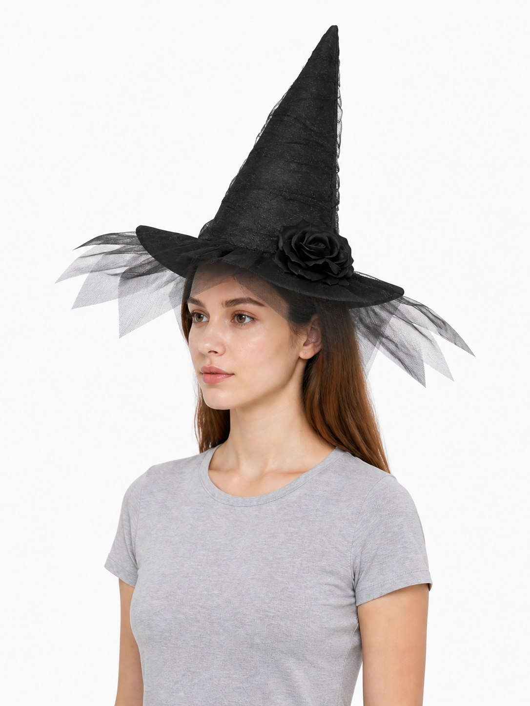 Black Halloween Witch Hat with Black Rose, Tall Pointed Wide Brim Mesh Costume Hat for Gothic Parties and Decorations