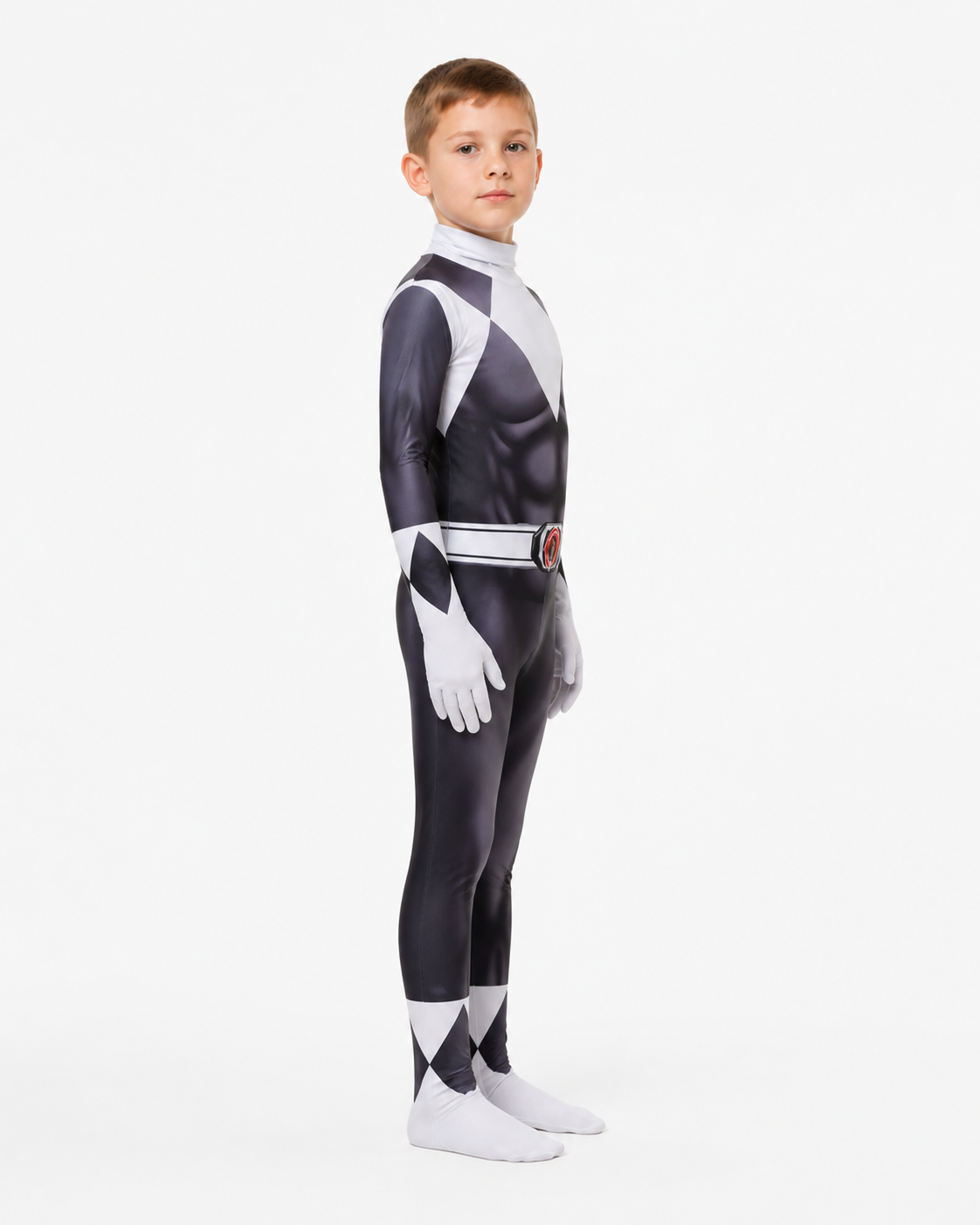 Children’s superhero-themed carnival jumpsuit costume with mask side view