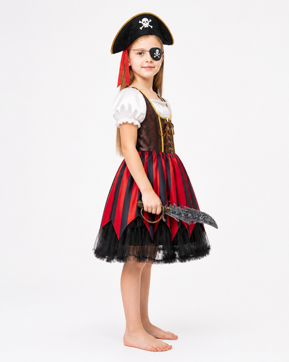 Pirate Costume with Red-and-Black Dress and Hat side view