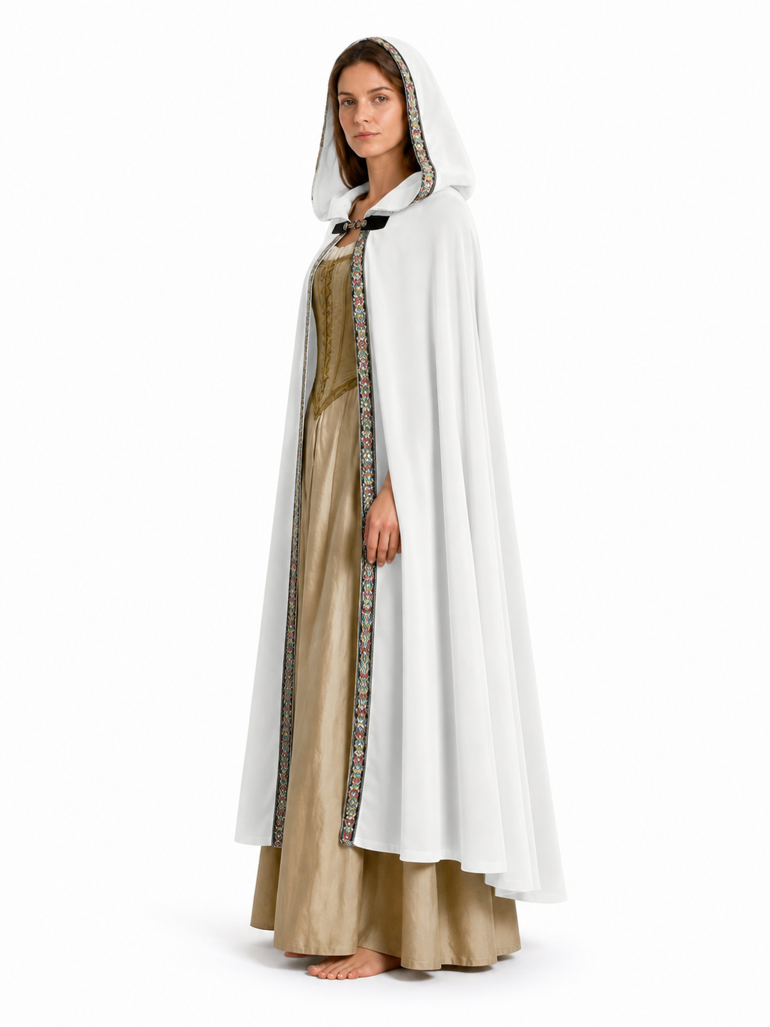 White hooded cape with patterned front trim, shown from a side angle on a model against a white background