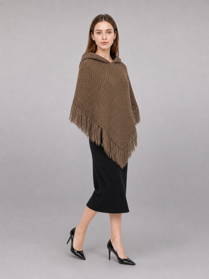 Triangle Hooded Cape with Fringe, Brown