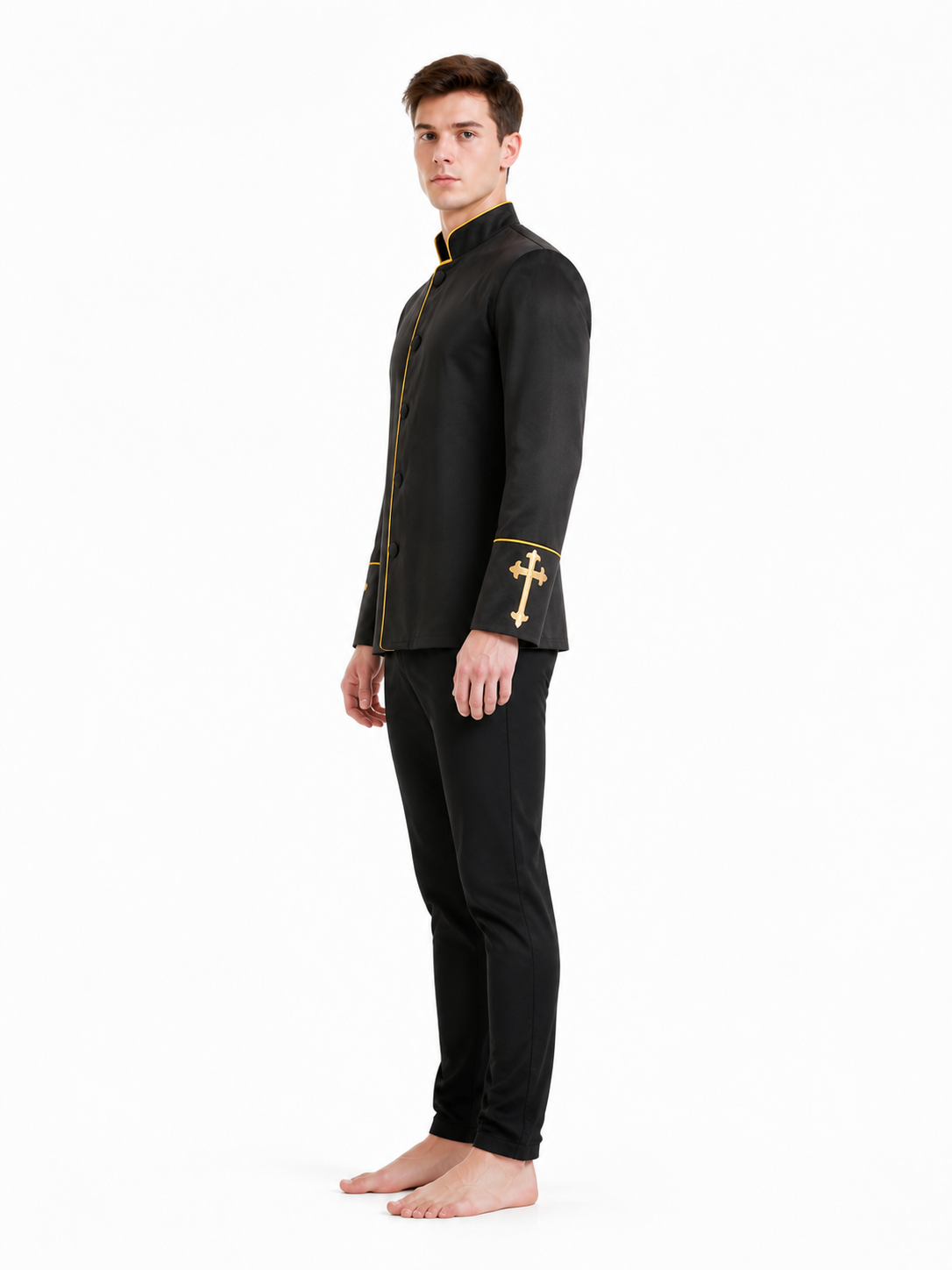 Stand-Collar Jacket with Gold Trim and Crosses side view