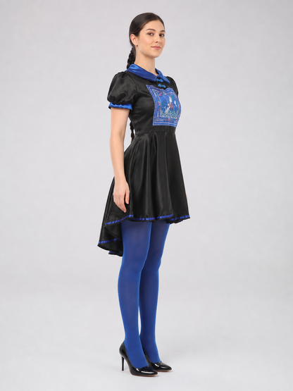 Character Costume: Black Dress with Blue Trim side view