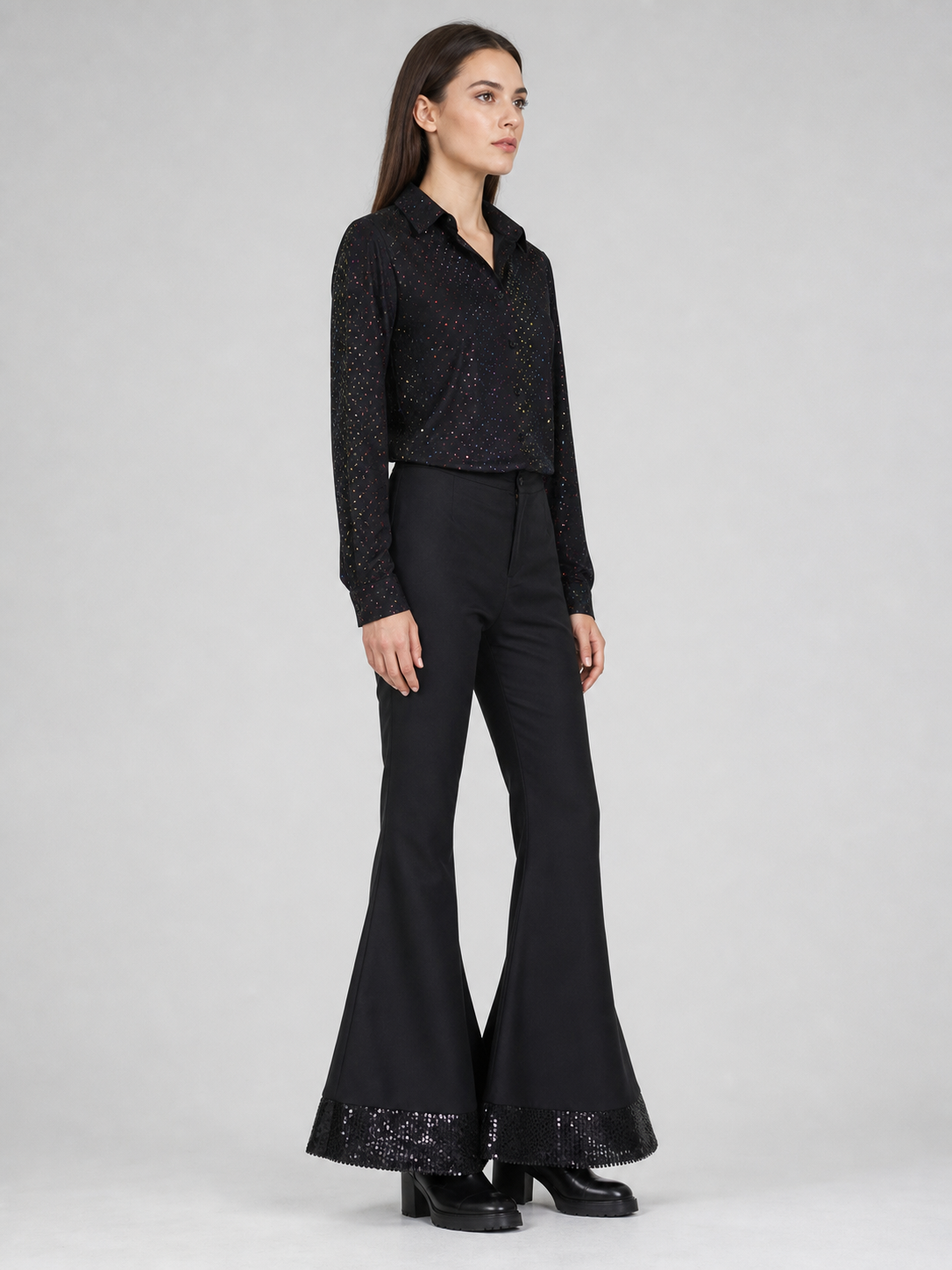 Retro disco-style stage performance costume. The set includes a black side view