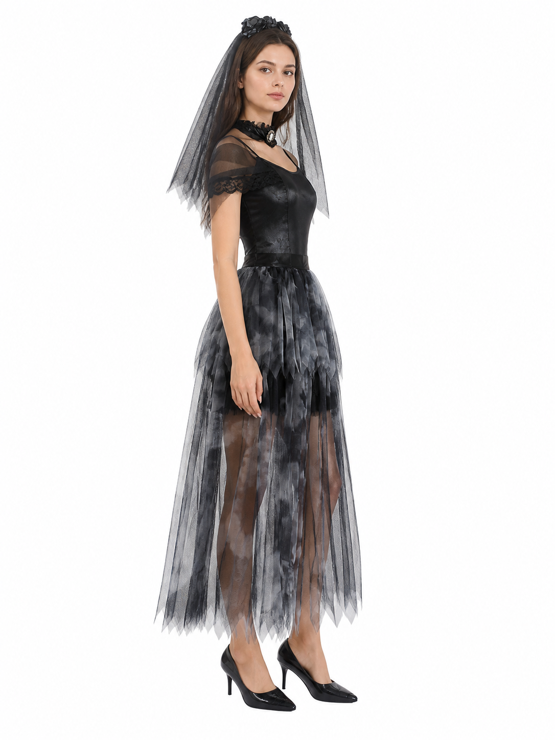 Gothic Black Dress with an Asymmetrical Skirt side view