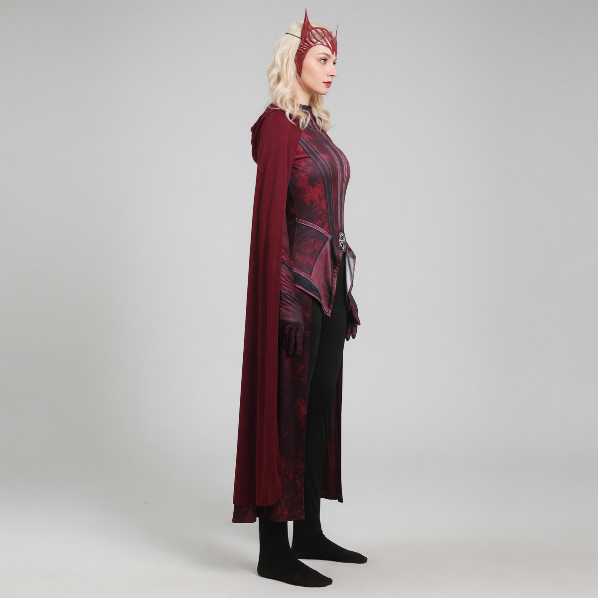 Scarlet Witch superhero cosplay costume with cape side view