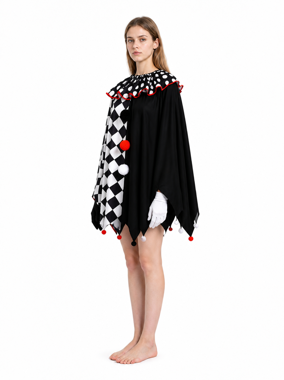 Clown Cape Cloak with Gloves and Pompoms side view