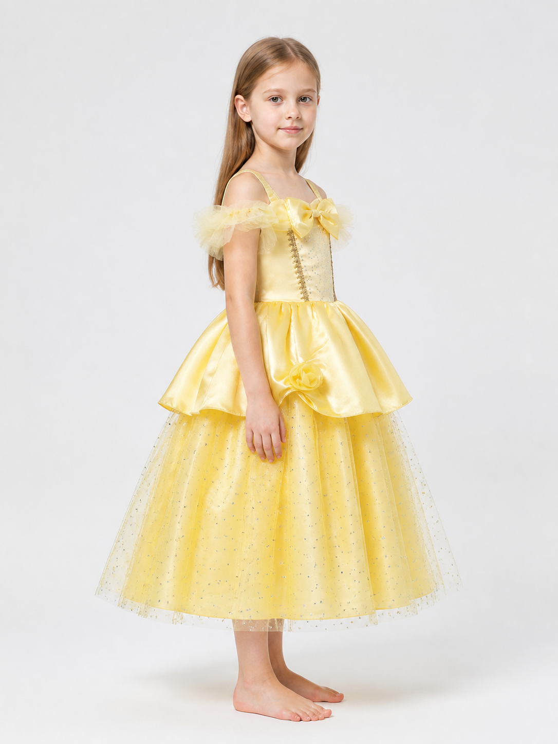 Yellow Princess Costume Dress with Sequins and Roses side view