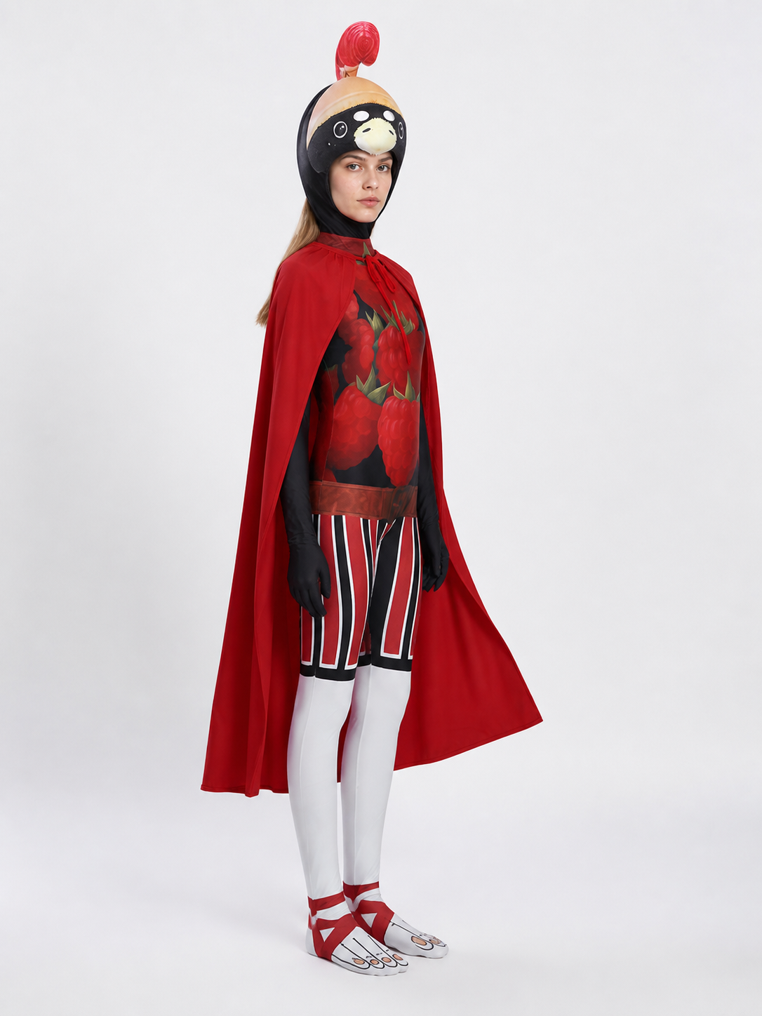 Cosplay Costume with Mask, Cape, and Print side view