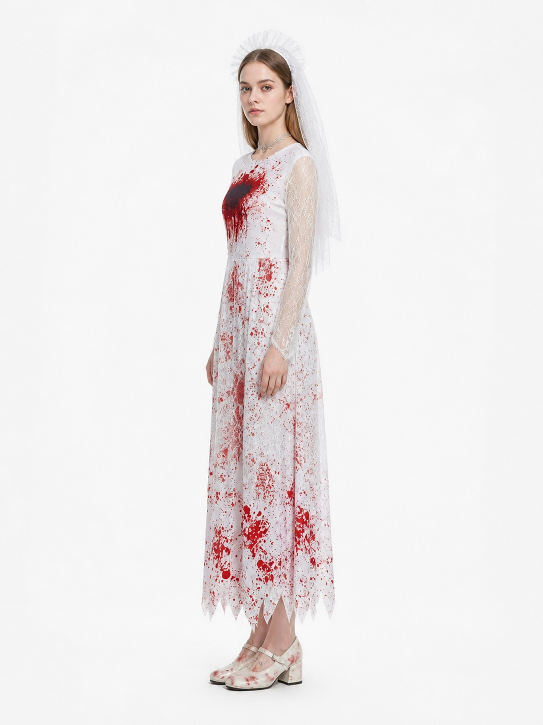 Lace Dress with a Jagged Hem and Red Spots side view