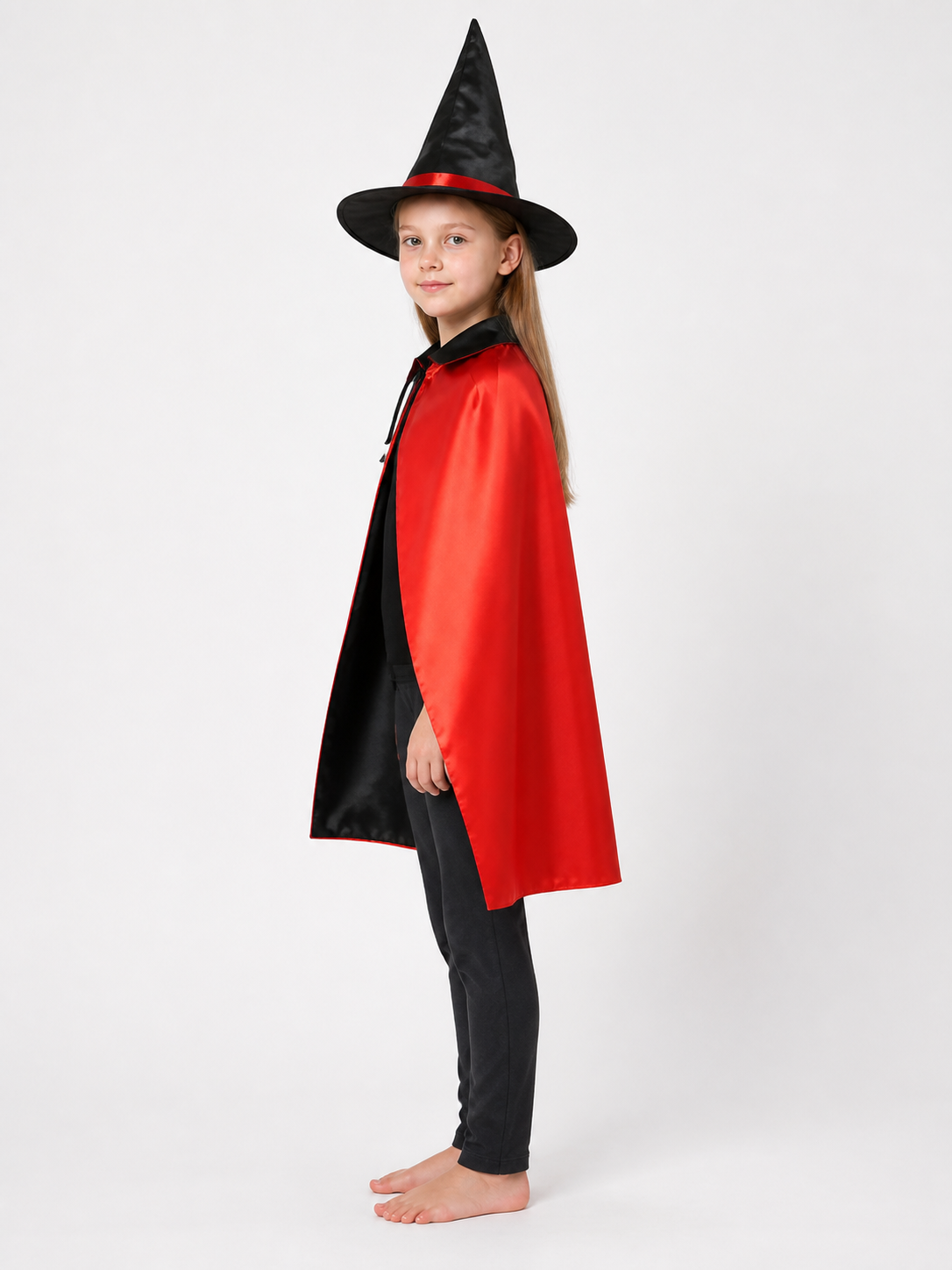 Red and Black Carnival Cape with a Wide-Brimmed Hat side view