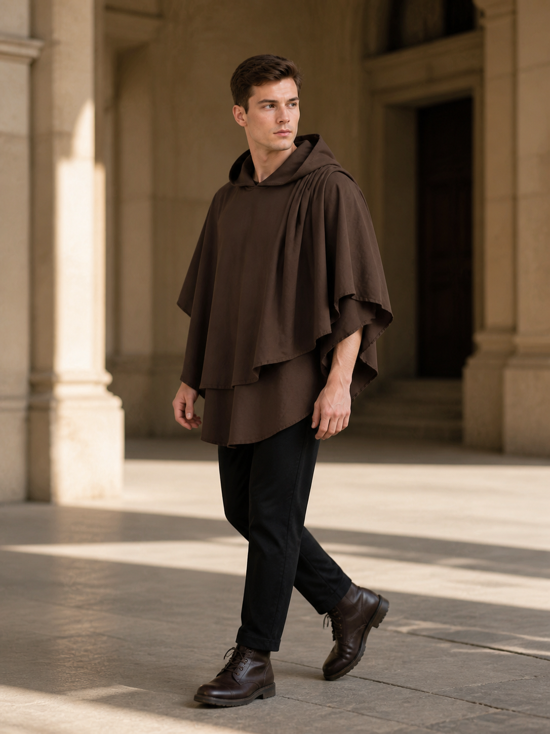 Women's Hooded Wanderer Cloak Costume with Layered Hem, Shoulder Draped Pleats side view 3