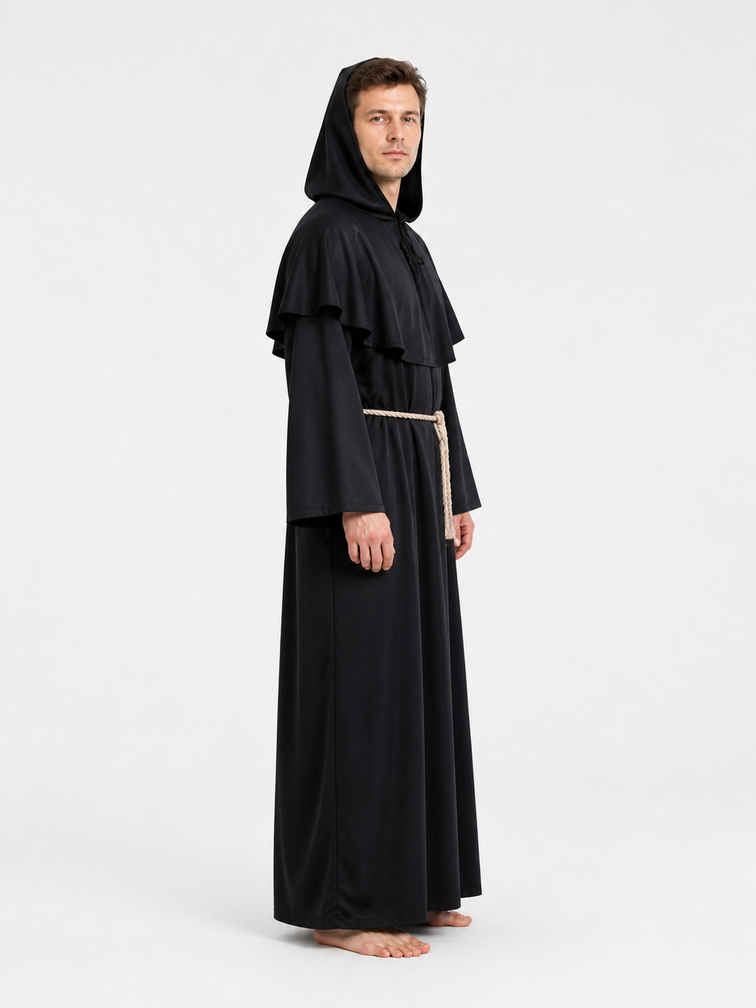 Robe with a Pointed Hood and Flared Sleeves side view