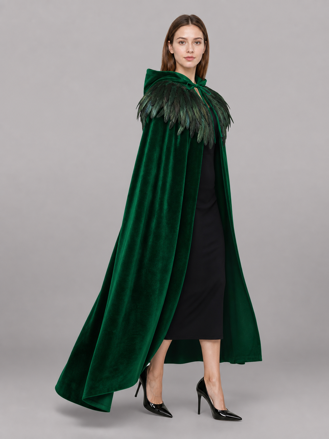 Green Hooded Velvet Feather Cape