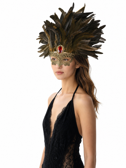 Carnival Headpiece with Mask and Feathers