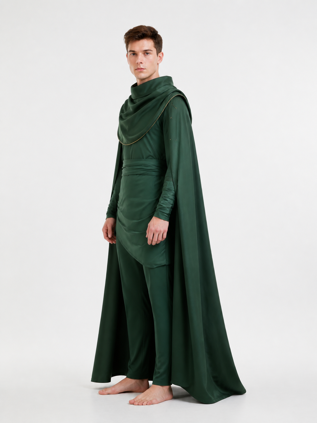 Loki Costume, Green Cloak with Gold Trim for Halloween side view
