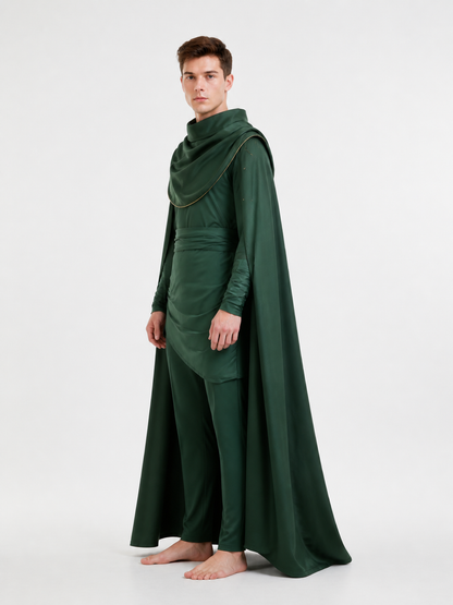 Loki Costume, Green Cloak with Gold Trim for Halloween side view