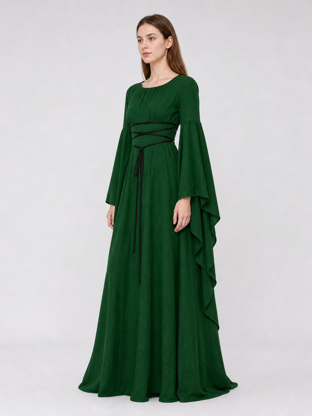 Long Dress with Sleeves and Waist Lacing