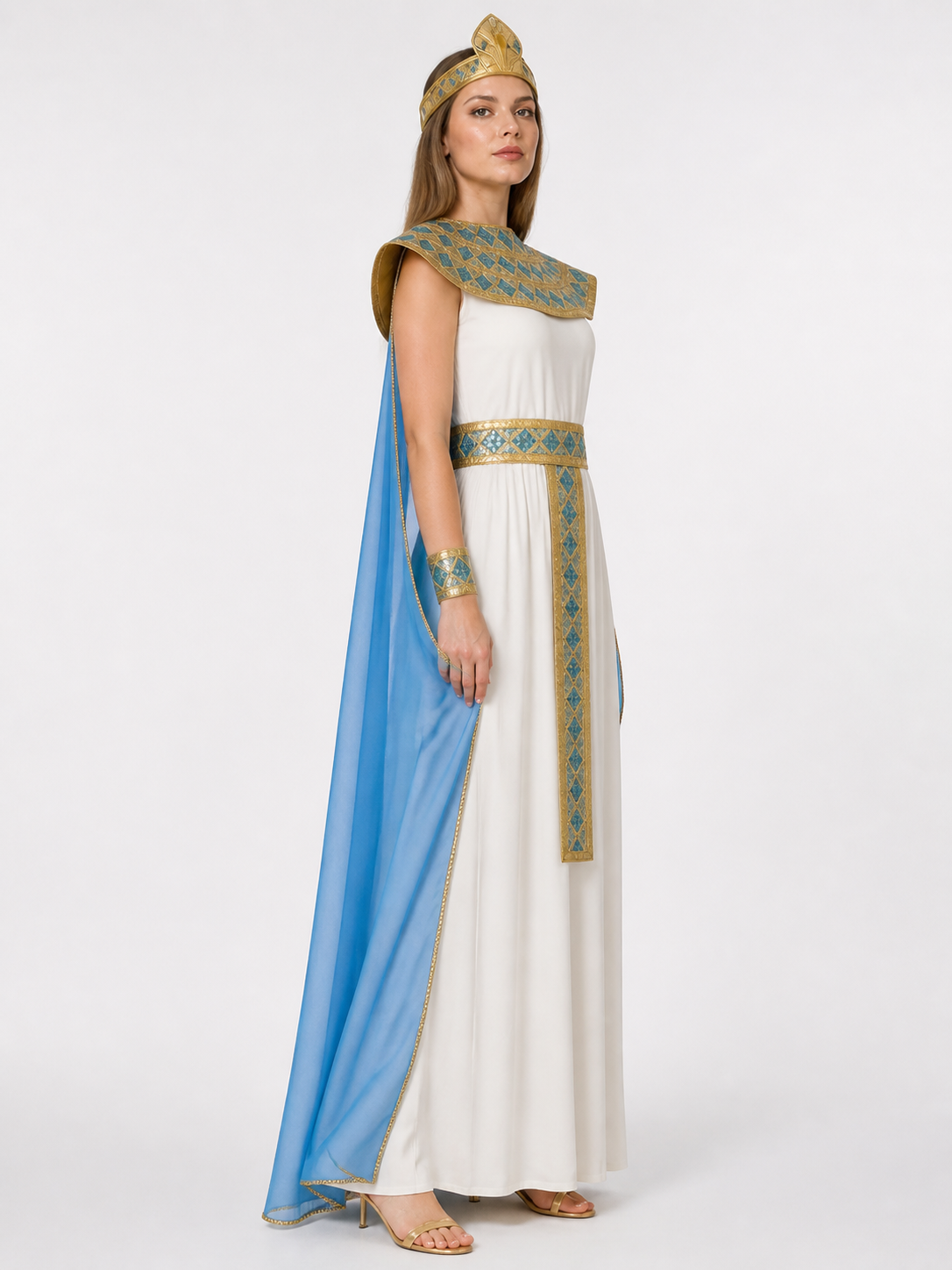 Cleopatra Costume with White Dress and Blue Cape side view