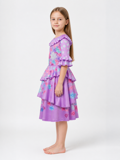 Children's Carnival Dress with Floral Print and Ruffles side view