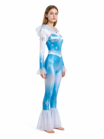 Hooded Flare-Leg Jumpsuit, Blue and White, Snowflakes side view