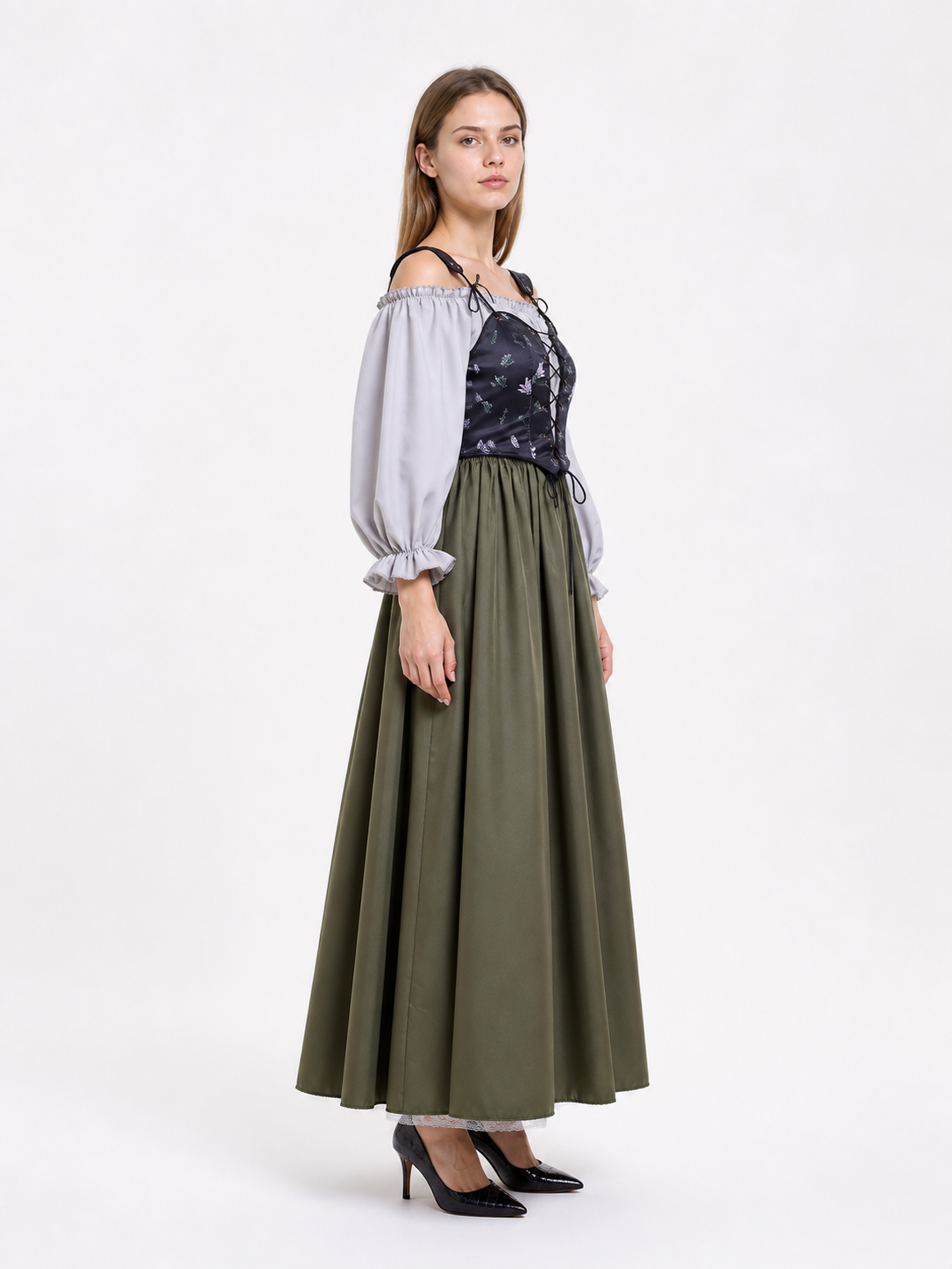 Historical Dress with Corset Bodice and Full Skirt side view