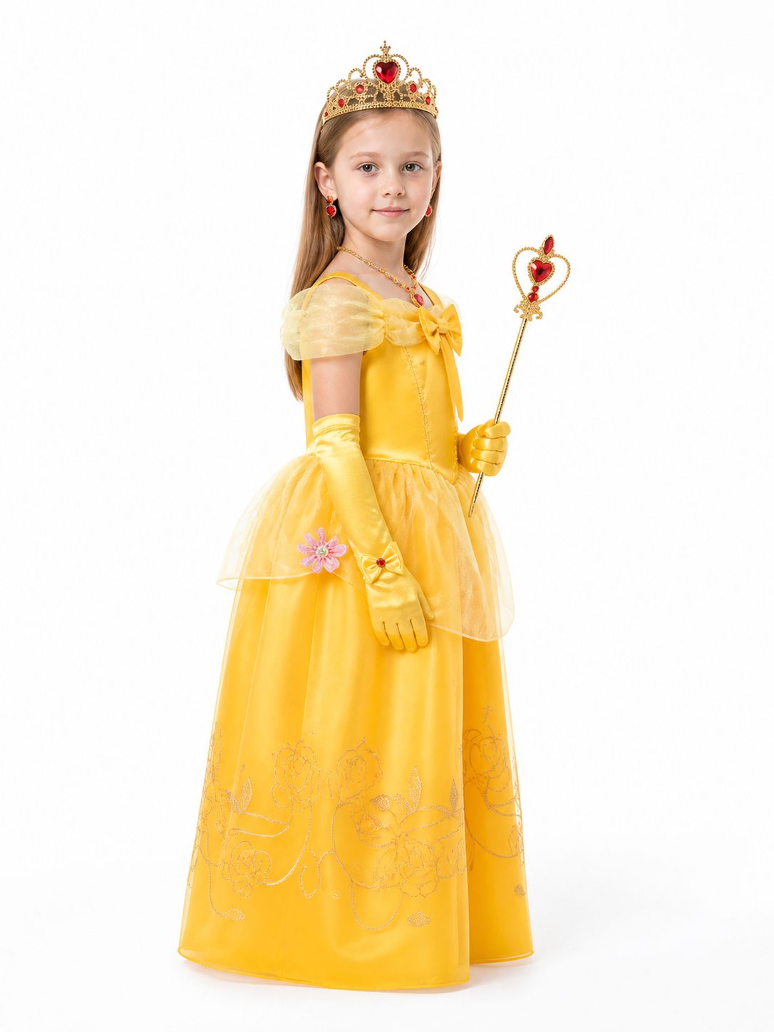 Children’s princess costume with dress, crown, and wand side view