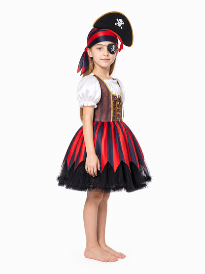 Pirate Costume for Girls with Dress, Hat, and Eye Patch side view