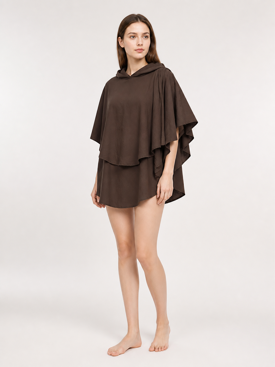 Women's Hooded Wanderer Cloak Costume with Layered Hem, Shoulder Draped Pleats side view 4