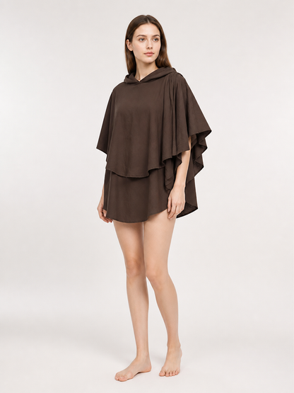 Women's Hooded Wanderer Cloak Costume with Layered Hem, Shoulder Draped Pleats side view 4