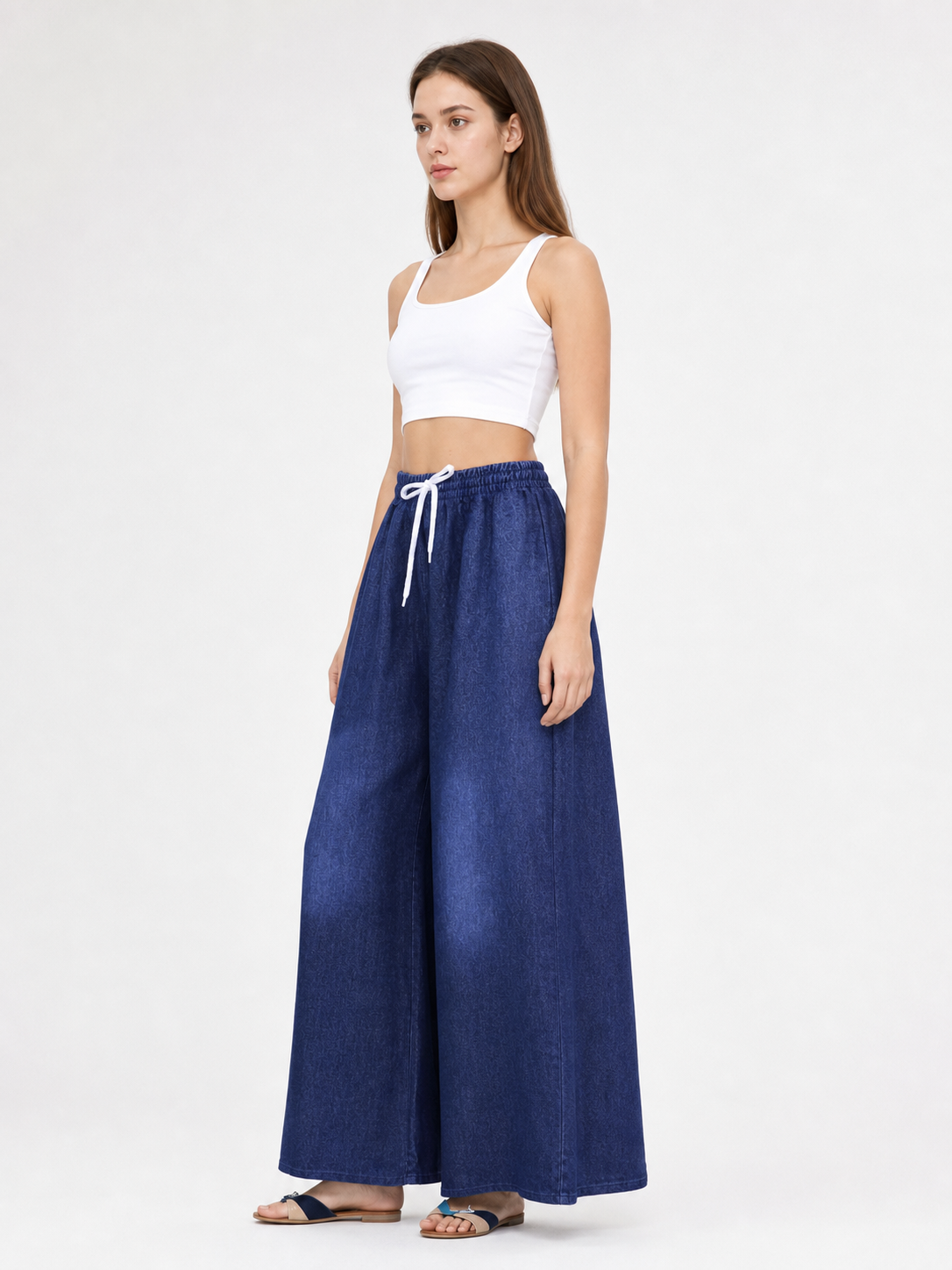 Dark Blue Palazzo Pants with an Elastic Waistband and White Drawstring side view 4