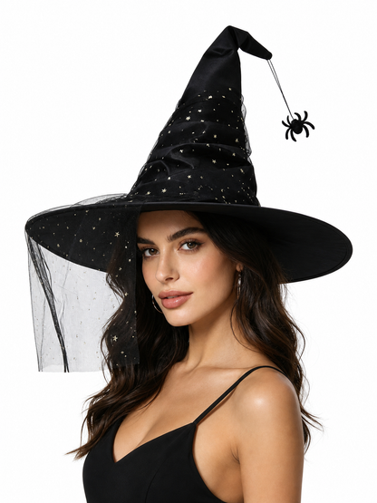 Carnival Witch Hat with Veil and Stars
