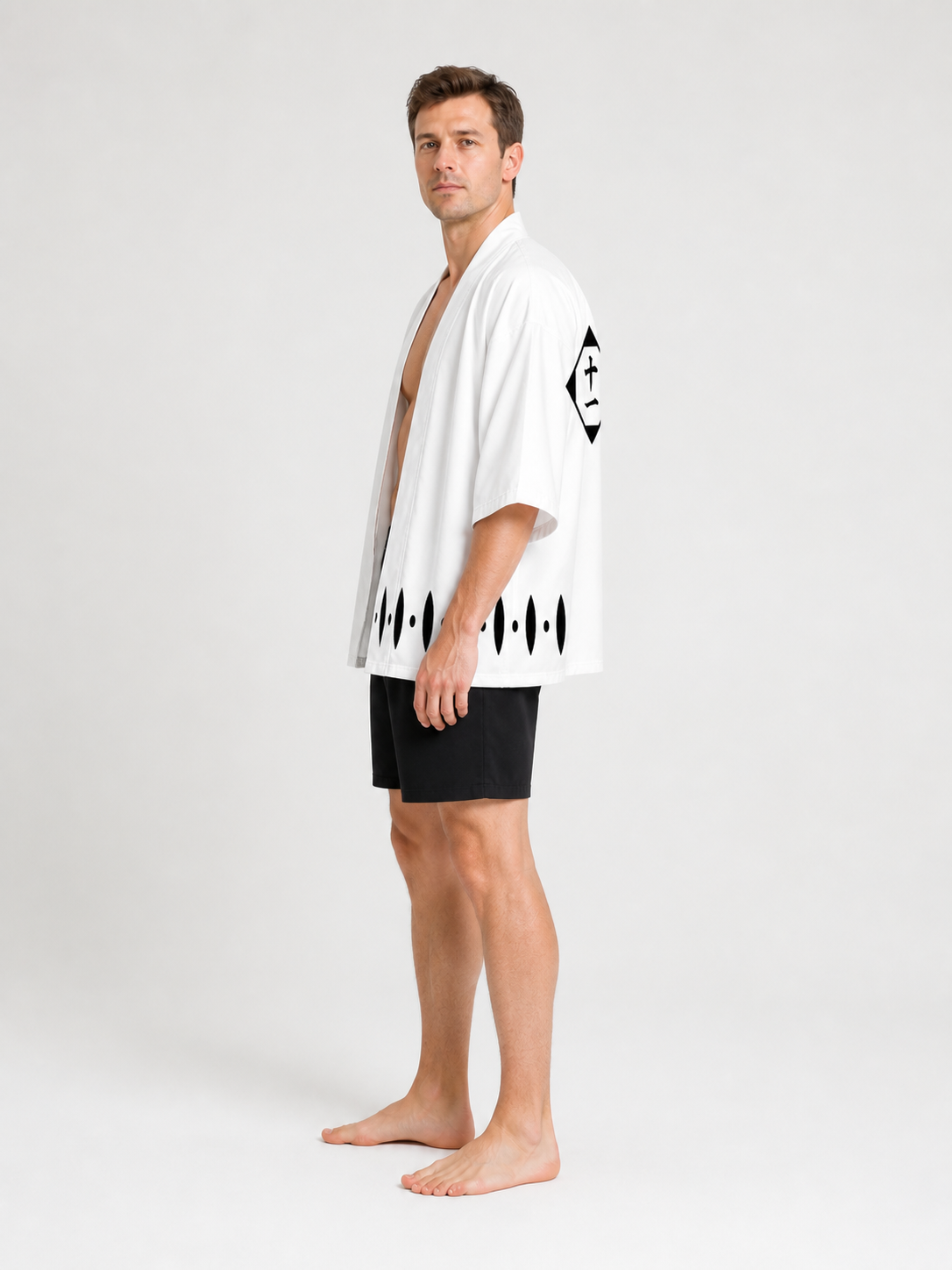 Bleach Cosplay Cloak, White with Black Pattern and Number 12 side view