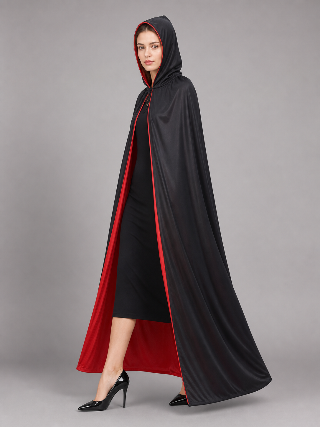 Black-and-Red Hooded Costume Cloak