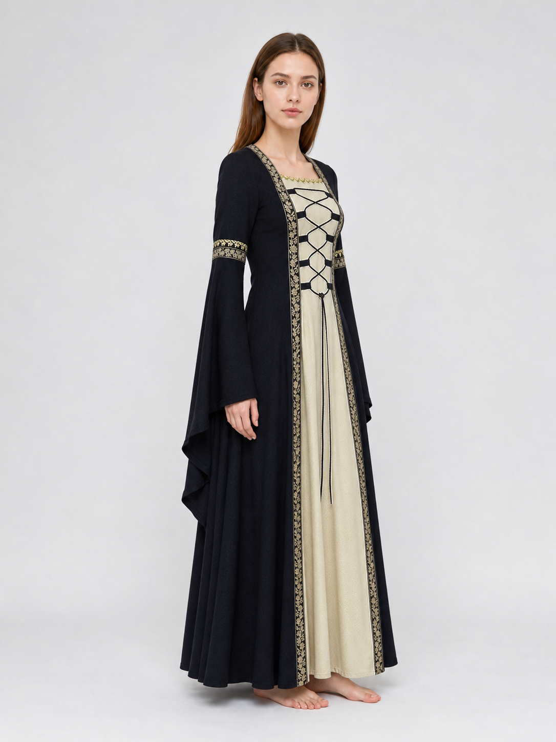Medieval-style dress with flared sleeves, lacing, and decorative trim. The dress