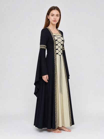 Medieval-style dress with flared sleeves, lacing, and decorative trim. The dress