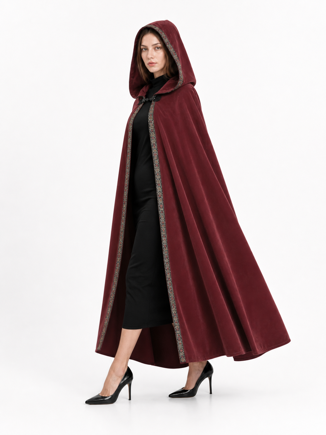 Carnival burgundy hooded cloak with trim