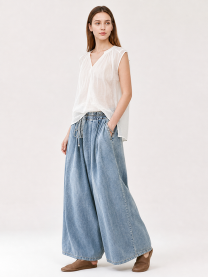 Light Blue Palazzo Pants with an Elastic Waist side view 3