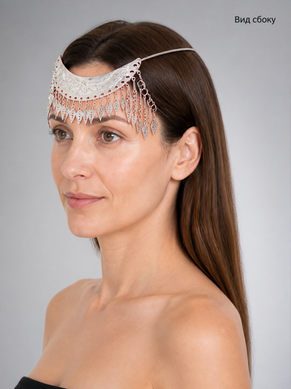 Silver Carnival Headpiece with Moon and Tassels side view